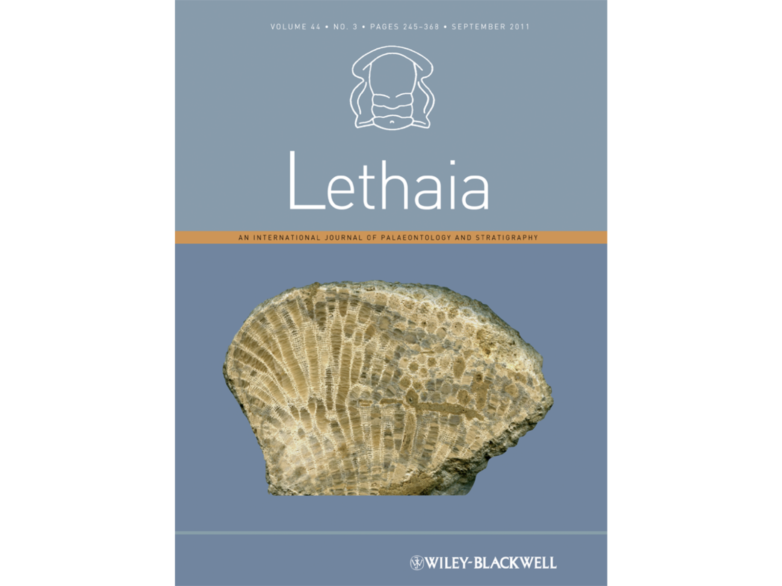 Cover mock-up of a book in blue and grey shades with the title, "Lethaia", on the front. A fossil specimen image is positioned front and centre.