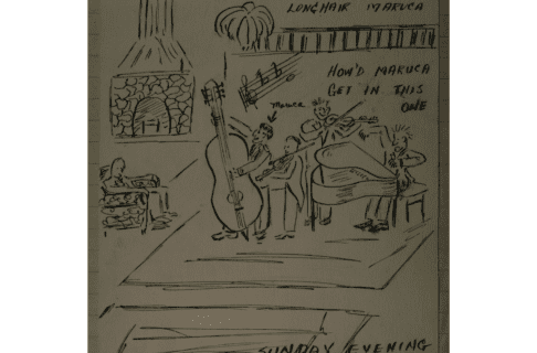 Cartoon sketch showing a four-man band on a stage. In the corner is a large firepace and a person sitting in an armchair watching the band. The cellist is labelled “Maruca” and writing near the pianist reads, “How’d Maruca get in this one”. Wriitng along the bottom reads, “Sunday Evening (Irving Plumb.)”.