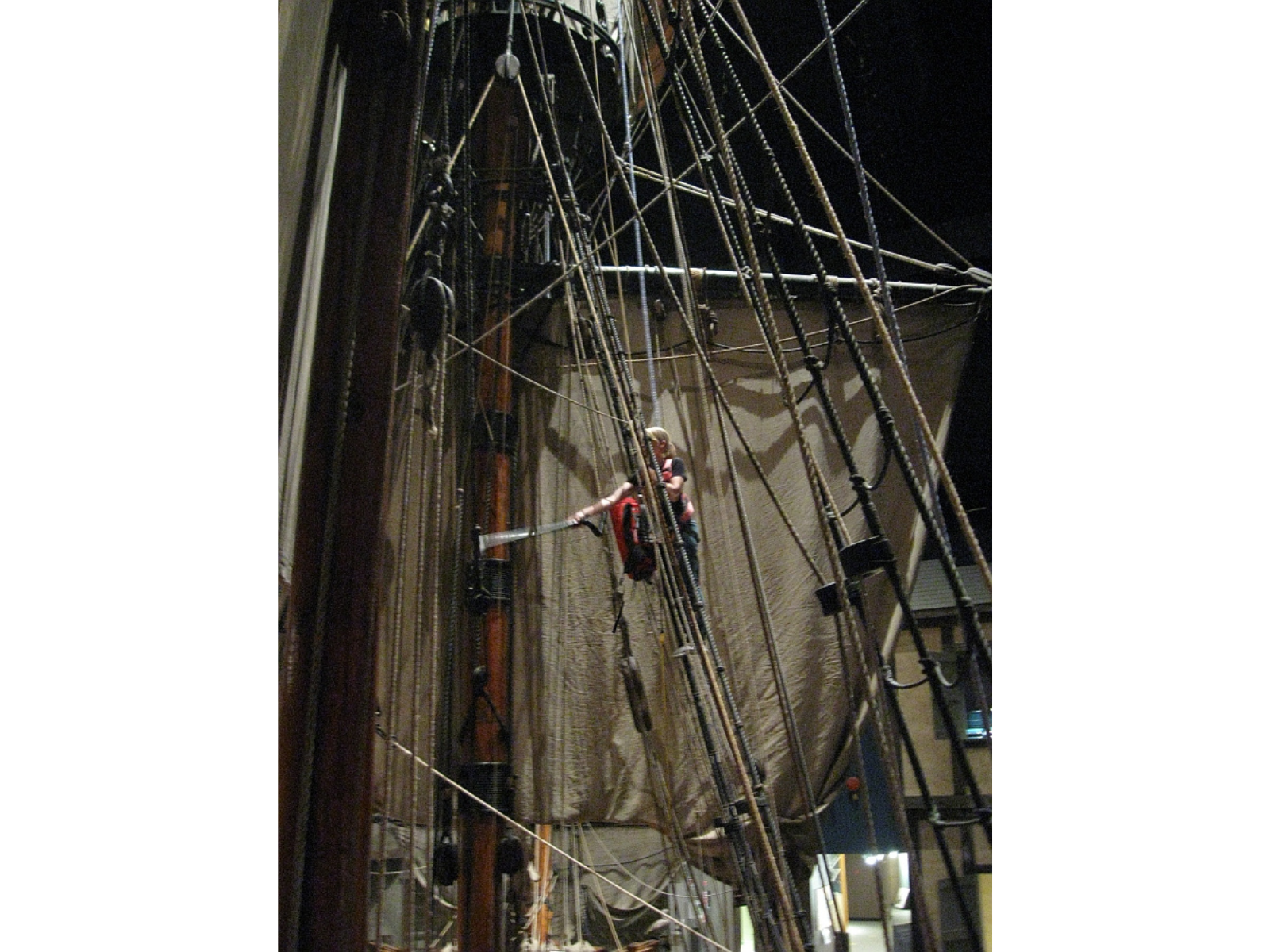 An individual in safety harness part way up the ratlines of a wooden sailing vessel (the Nonsuch) with a backpack style vacuum cleaner. They are reaching through the ratlines towards the mast with the vacuum hose.