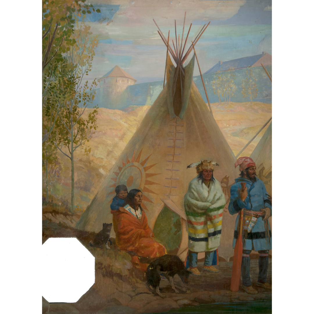 Painted mural showing three Indigenous individuals, one of whom has a child on their back, another wears a blanket with the iconic HBC stripes in green, red, yellow, and blue. Another holds a paddle. All three are in front of a tipi. In the background a stone fort can be seen in part.