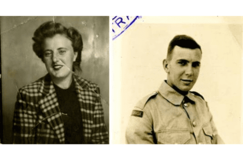Two vintage photographs. On the left, a studio shot of a young woman, Eleanor Geib. On the right, a identification photo of a young man in uniform, Private James Brady.