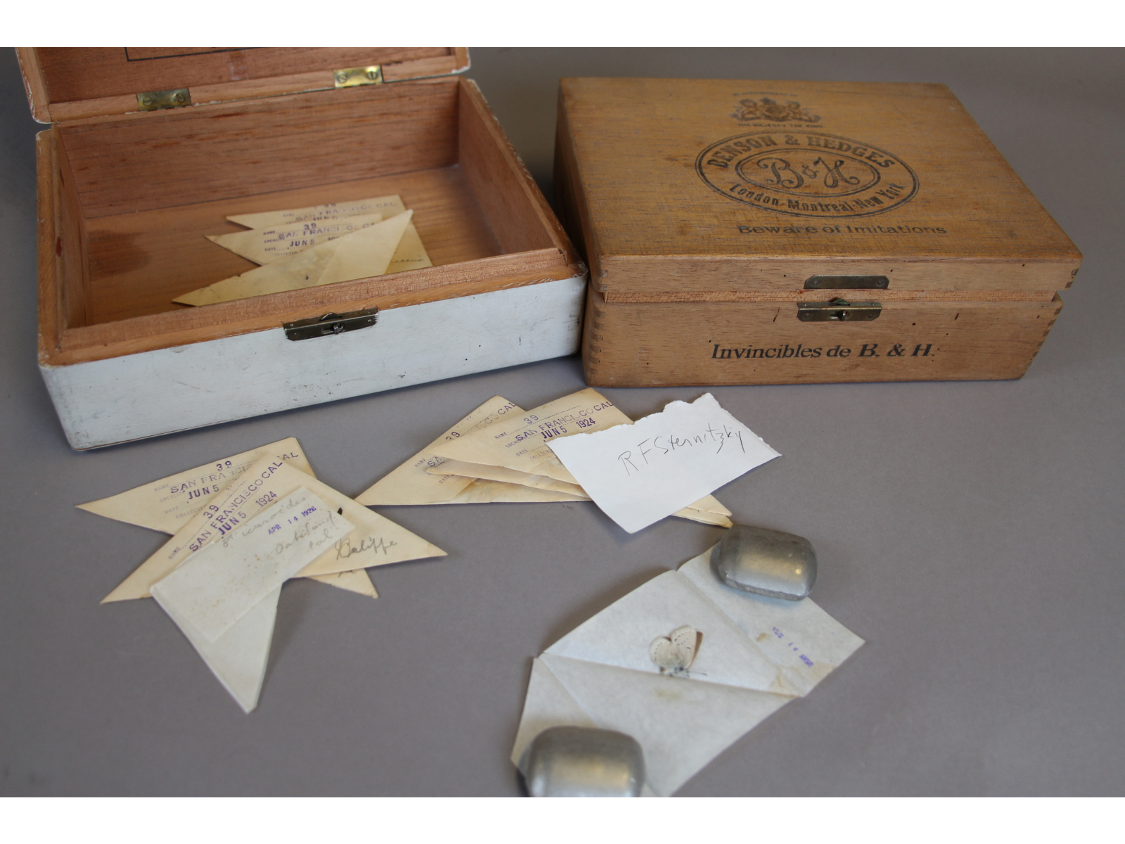 Two wooden boxes, one of which has the hinged lid open, with triangle folded papers inside and in front of the box. One of the papers is unfolded, and held open by paperweights, revealing a preserved butterfly specimen inside.
