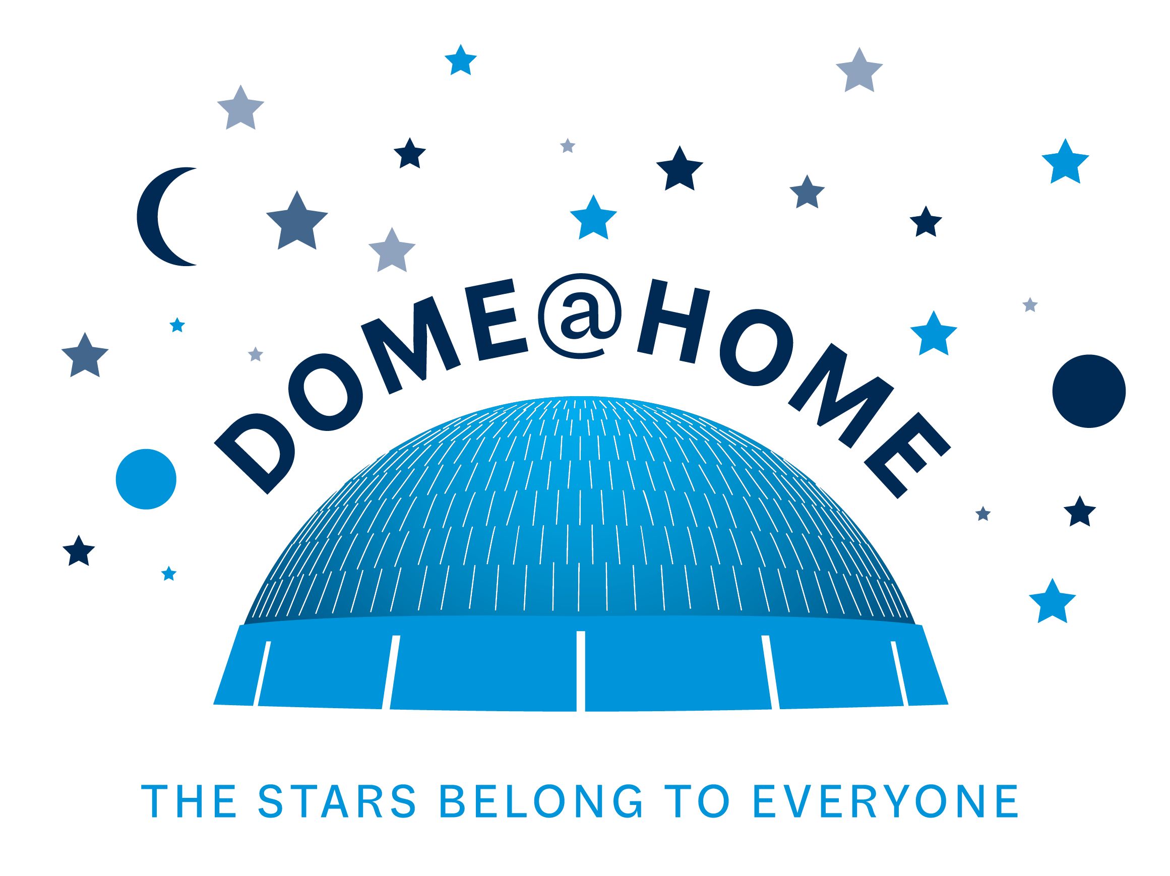 Dome@Home logo featuring the exterior of the Planetarium dome surrounded by small stars and the moon. Text reads, "Dome@Home / The stars belong to everyone".