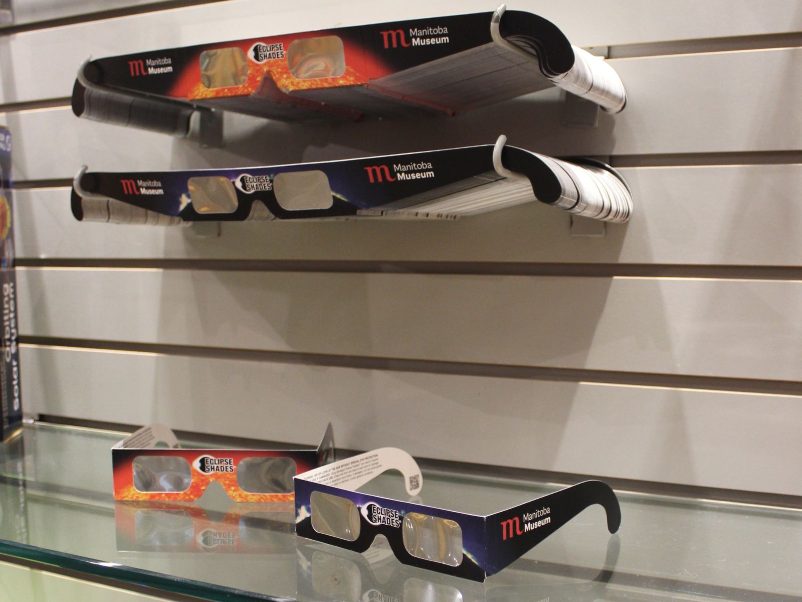 Two pairs of eclipse glasses on a glass shelf below two racks full of unfolded eclipse glasses. One pair features a design with a close-up of the sun, and the other features a solar eclipse. The Manitoba Museum logo is on the arm of the glasses.