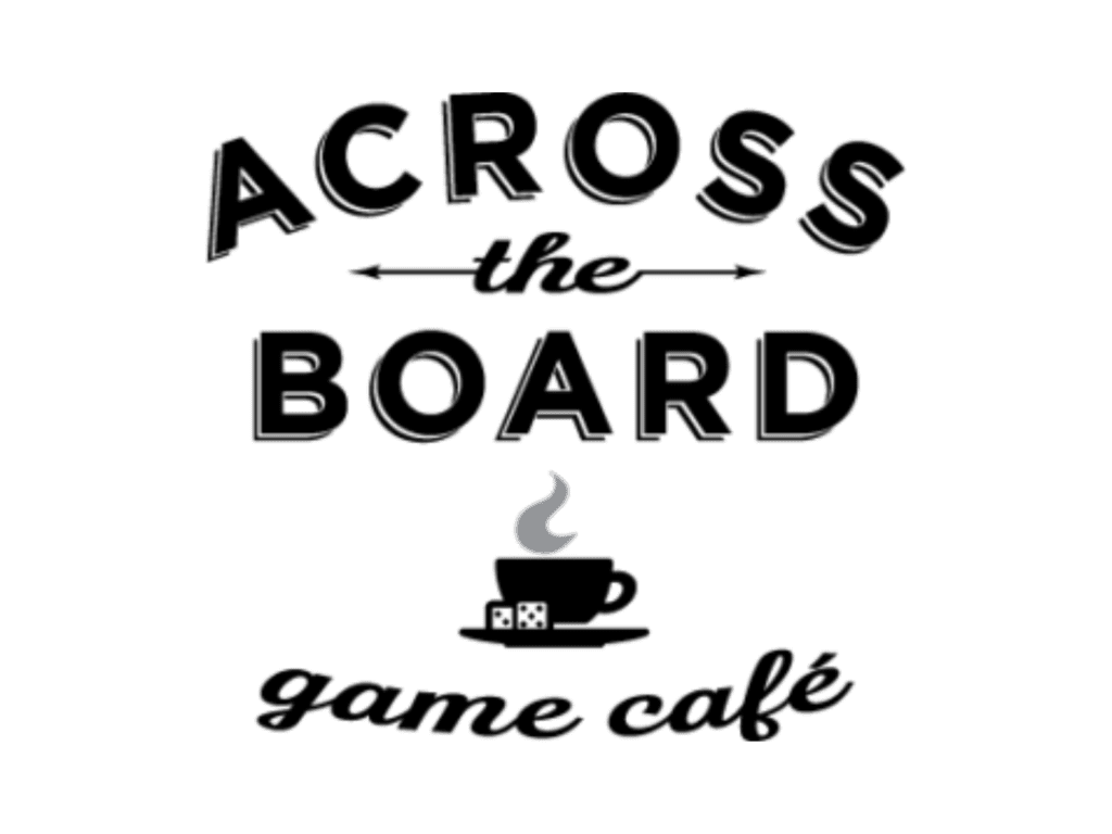 Across the Board Game Café logo. In addition to the store name the logo has a steaming cup on a saucer with two six-sided dice. 