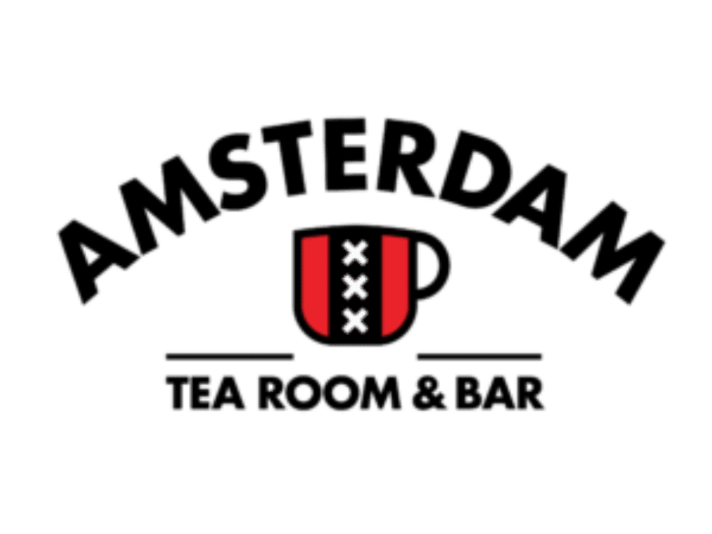 Amsterdam Tea Room and Bar logo. In addition to the words there is a small red and black tea cup.