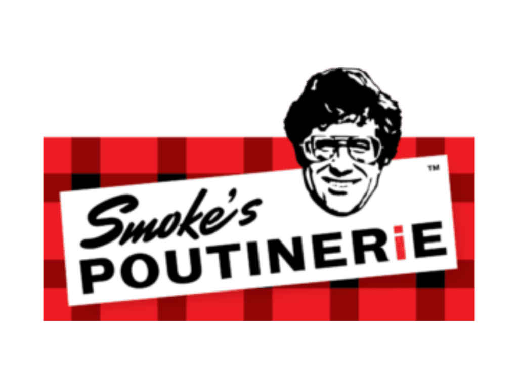 Smoke's Poutinerie logo. On a red and black checkered background is the words “Smoke’s Poutinerie” and a sketched head of Ryan Smolkin, a man with dark hair and big glasses, the founder of the restuarant. 