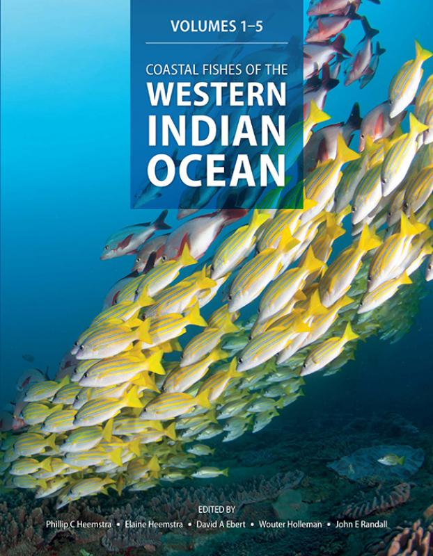 Book cover featuring a school of yellow and white fish swimming downwards in a group. Title reads, “Volumes 1-5 / Coastal Fishes of the Western Indian Ocean”.