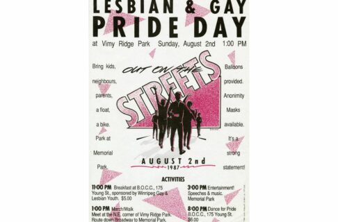 Poster featuring pink triangles for the “1st Annual Lesbian & Gay Pride Day at Vimy Ridge Park / Sunday, August 2nd 1:00 pm”. An illustration in the centre shows six silhouetted figures walking, some with their hands reaching up enthusiastically. Accompanying text on the illustration reads, “Out on the STREETS”.