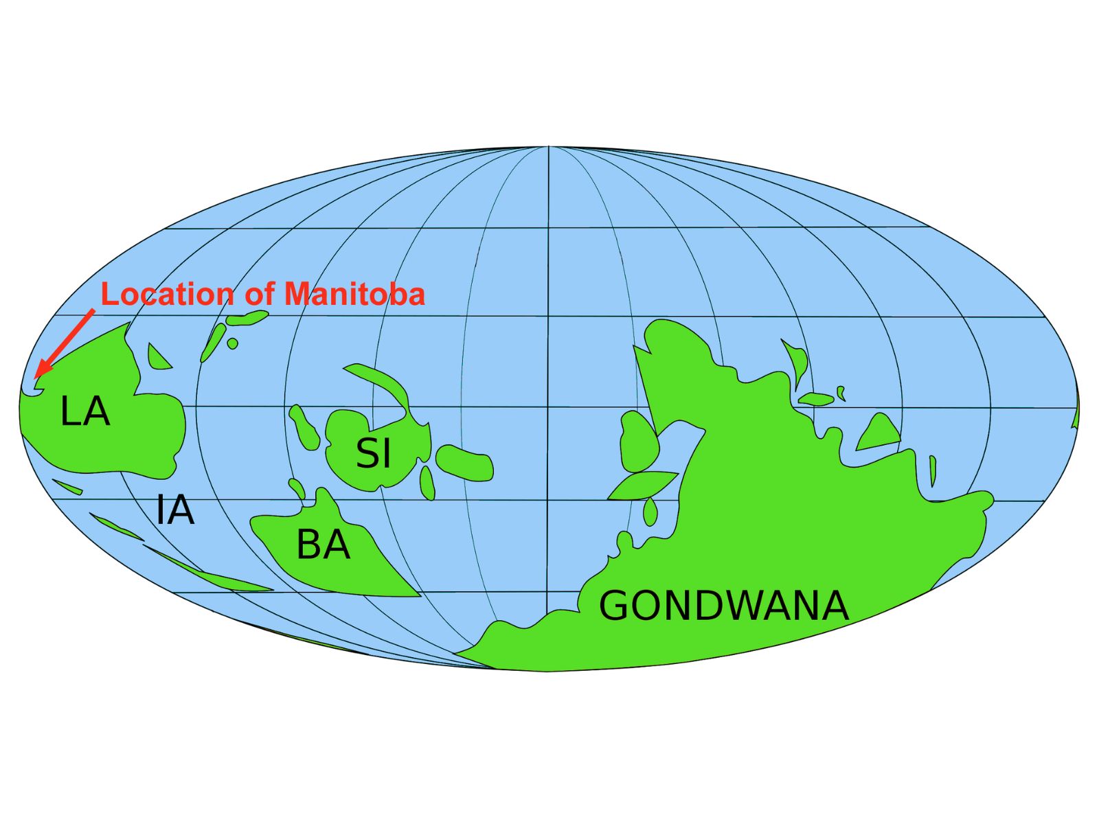 Map graphic of the globe with ancient continents as seen during the Ordovician Period. A red arrow points to the location of Manitoba on the continent labelled “LA” for Laurentia.