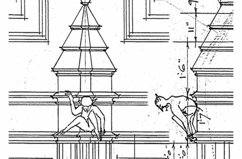 Architectural sketch showing a crouching grotesque on the building from the front and from the side.