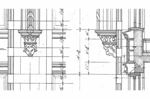 Architectural sketch showing a grotesque head on the building from the front and from the side.