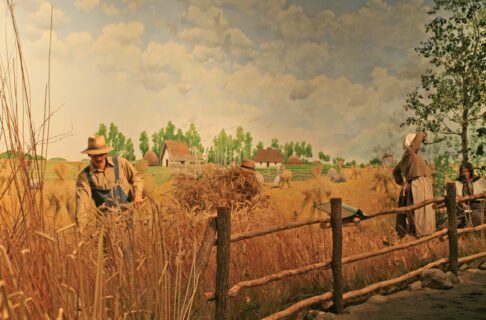 Museum diorama portraying a Ukrainian family harvesting a field of rye near a bluff of trembling aspen trees.