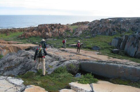 A group of four people wearing fleeces, boots, and backpacks hike toward the sea down a landscape interspersed with large areas of exposed bedrock, and grass and moss.