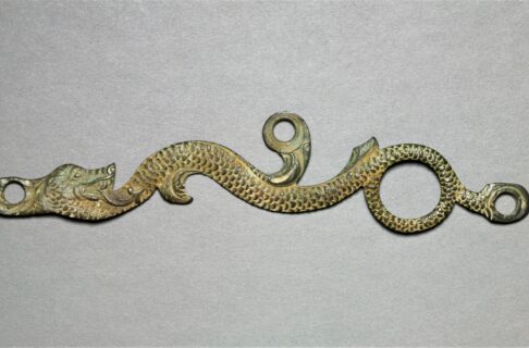 A flat brass ornament shaped like a sea serpent, with holes for screws near its head, tail, and back fin.