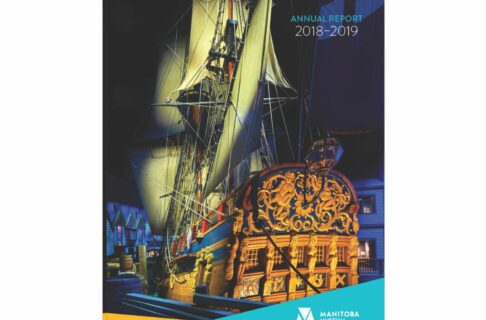 Report cover: A photograph of the Nonsuch from behind. Text in the upper right corner reads, “Annual Report 2018-2019". In the bottom right corner, on a teal blue triangle overlapping with a yellow triangle, is the Manitoba Museum logo.