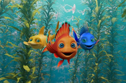 Three smiling cartoon fish in front of tall, flowing seaweed. In the background a group of jellyfish swims past.