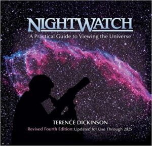 Nightwatch book cover featuring the silhouette of a person looking into a telescope. The background shows a starry night sky lit in pinks and purples.