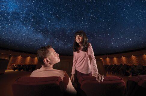 An adult and child in the Planetarium Theatre, a starry night sky projected on the dome.