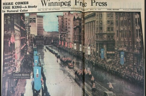 Photograph of the front page of an old newspaper featuring a large coloured photo of a procession moving down Main Street Winnipeg.