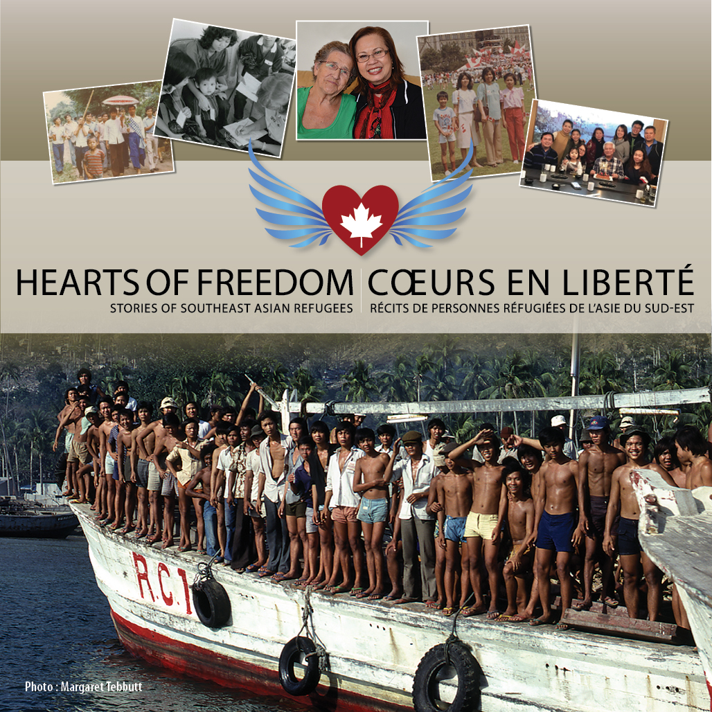 Promotional graphic for Hearts of Freedom exhibition featuring six photographs of groups of refugees. Text reads, 