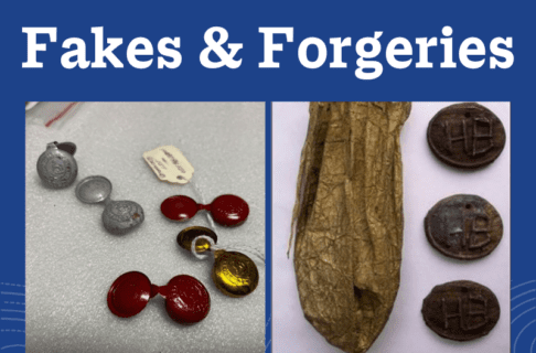 Word graphic. Under the words Fakes & Forgeries are two images, one showing genuine HBC artifacts, the other showing fake aged artifacts.