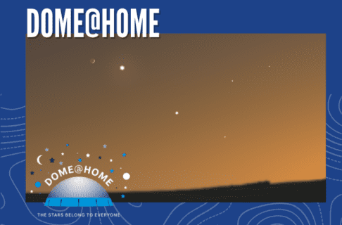 Image on a blue background showing three planets, two bright stars, and the Moon all visible with the appearance of nearness in the evening sky. In the lower left corner is the Dome@Home logo.