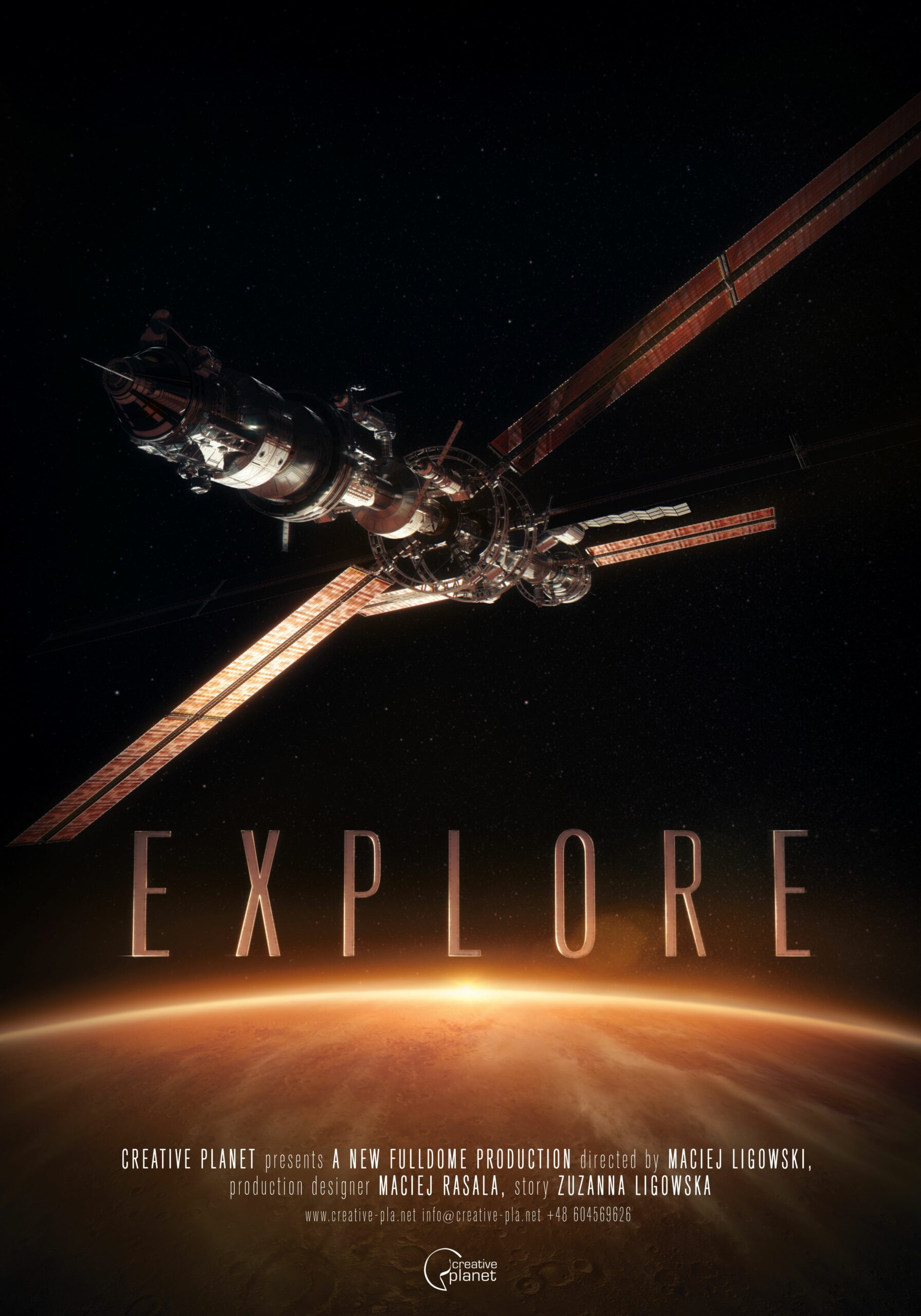 Show poster: A spacecraft moving through space above a planet, the light of the sun glinting past the edge. Title reads, "Explore".