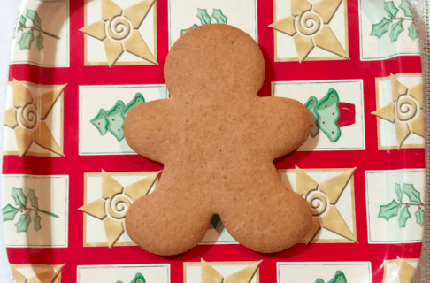 A gingerbread person cookie on a holiday themed paper plate decorated in Christmas trees, mistletoe, and stars.