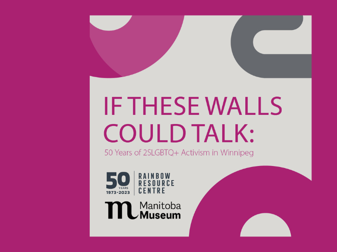 Word graphic. Fuchsia text reads, “If These Walls Could Talk: 50 years of 2SLGBTQ+ Activism in Winnipeg”. In the bottom left corner are the Rainbow Resource Centre and Manitoba Museum logos. On the other three corners are fuchsia and grey geometric designs.