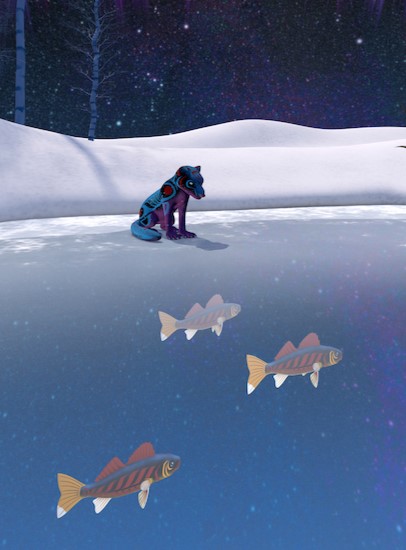 An animated fisher sits at the edge of a frozen pond watching three fish swim by.