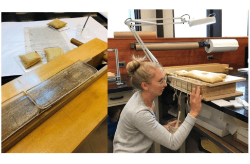 Two photos side-by-side. On the left, slices of gellan gum laying along the covered spine of the Brown’s Bible as it’s held in a vice. On the right, Conservator Carolyn Sirett uses her finger to apply some adhesive to the re-sewn spine of the Brown’s Bible, as it’s held flat and still on a table under padded weights.