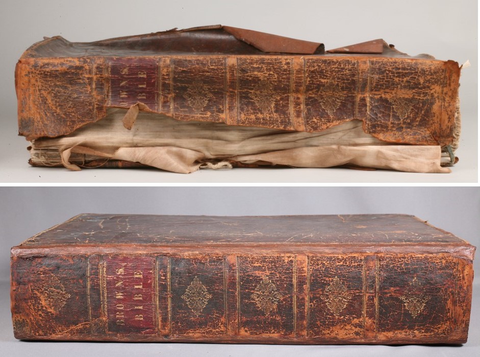 Two photos side-by-side. On the top, looking at the spine of the Brown’s Bible as it lies flat. The book is worn and falling apart, with the cover torn and peeling. On the bottom, the Brown’s Bible after conservation treatment, still looking its age, but now intact and lying flat.