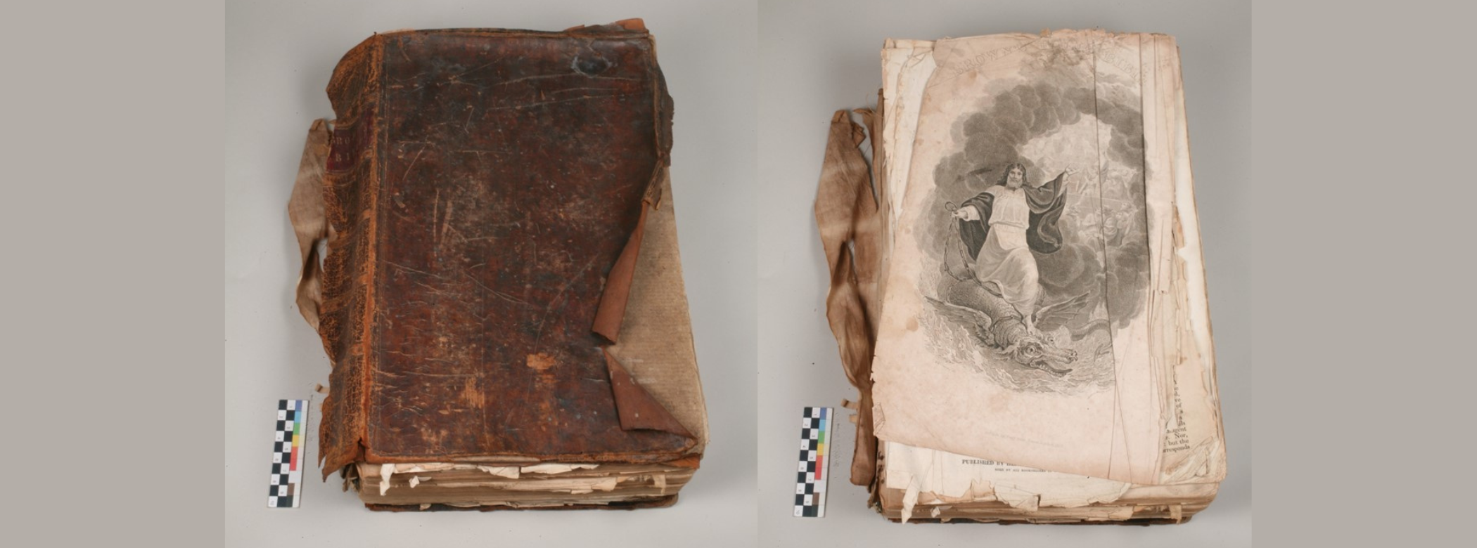Two photos side-by-side. On the left, a very worn closed book with a peeling brown cover and broken spine. On the right, the same book with it’s cover removed, showing an illustrations of a person descending from the clouds on the back of a kind of winged serpent.