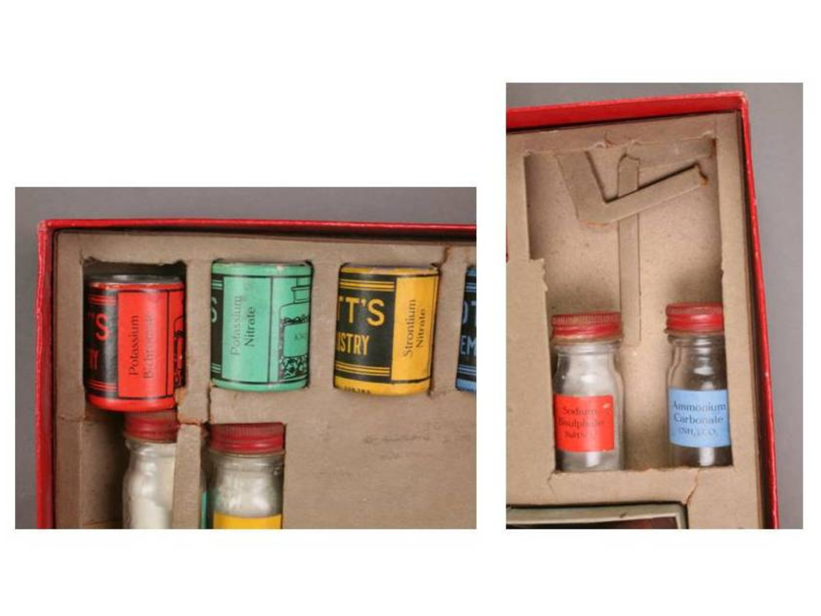 Two photos side-by-side. On the left, a detail image showing the tears in the upper left corner of the chemistry set’s insert. On the right, a detail image showing damage to the insert in the upper right corner of the chemistry set insert.