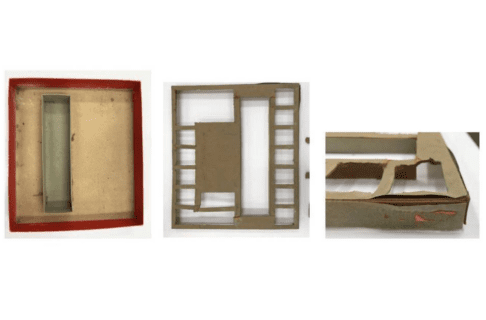 Three images side=by-side. Detail images (left to right) showing red box with insert removed, damaged cardboard insert, damaged right corner of insert of chemistry set.