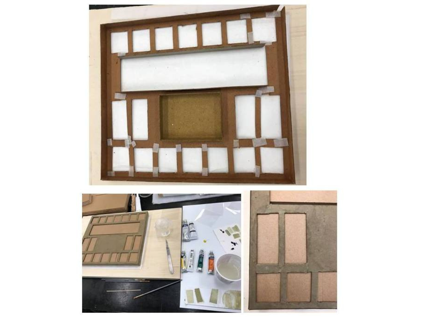 Three images in a collage. On the top, the cardboard insert being repaired with light coloured pieces of mending paper along the weak or torn joints of the insert. On the bottom left, the cardboard insert beside painting supplies, as the mending paper is painted with watercolours to blend in with the cardboard. On the bottom right, close up of the tinted mending paper now painted to match the cardboard insert.