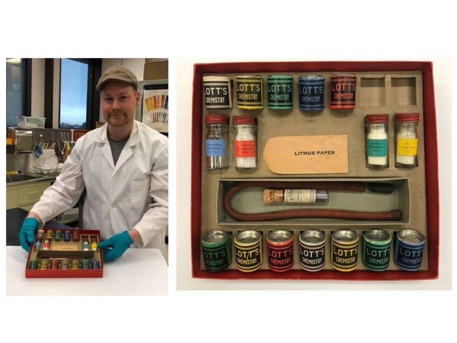 Two photos side-by-side. On the left, Conservation Technician Loren Rudisiela, wearing a white lab coat and teal gloves, holding up the stabilized and reassembled chemistry set. On the right, looking down into the red carboard box with the stabilized insert holding the many pieces of the set in place.