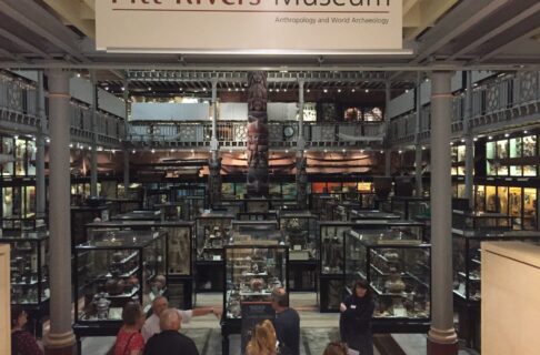 Looking down into a large gallery full of glass display cases, with a wrap-around balcony-style second level. A sign at the top of the frame says “Pitt Rivers Museum / Anthropology and World Archaeology”.