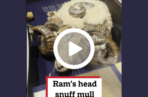 A close-up of a ram's head with curling horns and a jewel on the top fo the head. Overlaid text reads, "Ram's head snuff mull" and a play button is over the image.