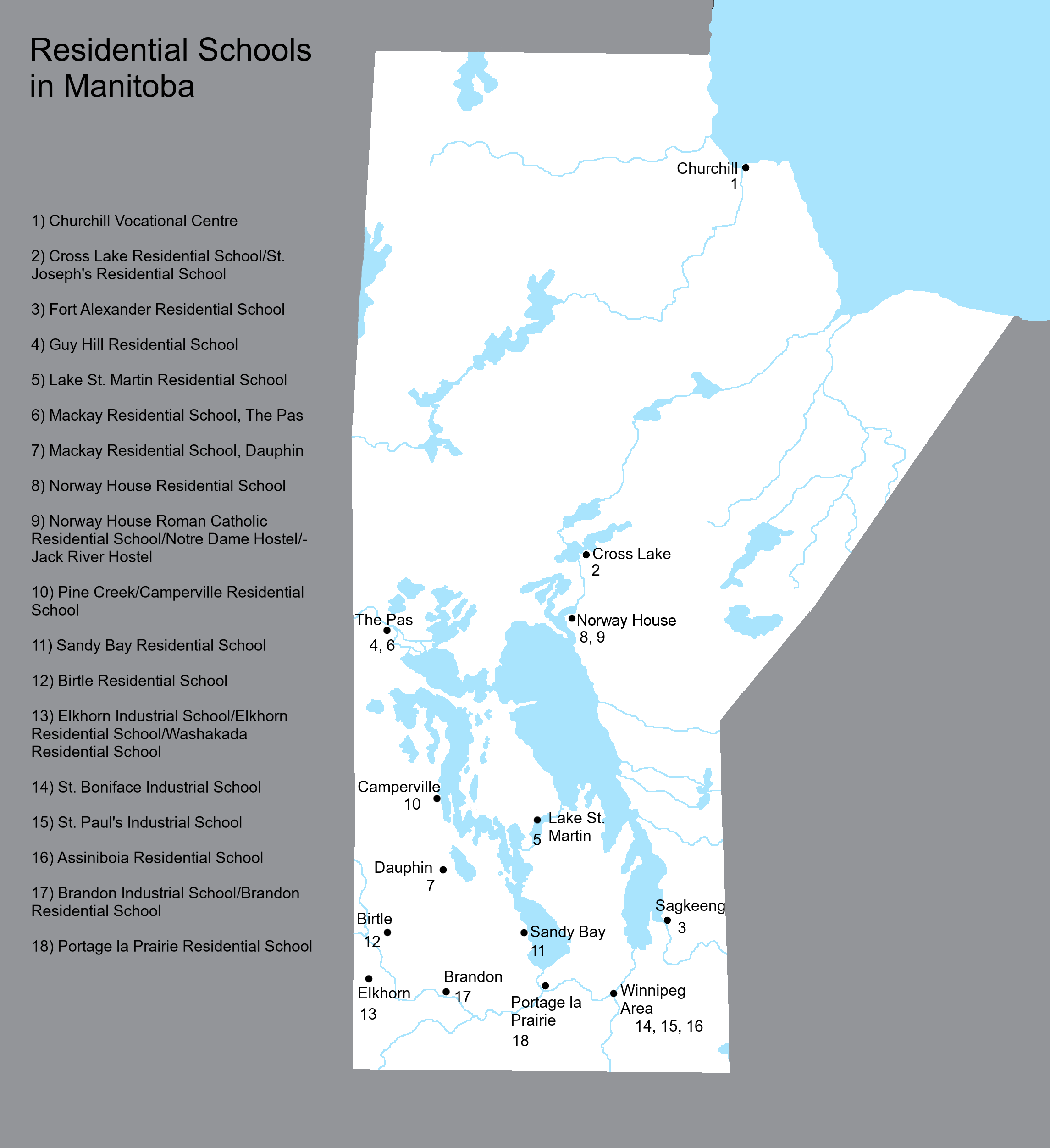 A map of Manitoba noting the locations of 18 Residential Schools around the province.