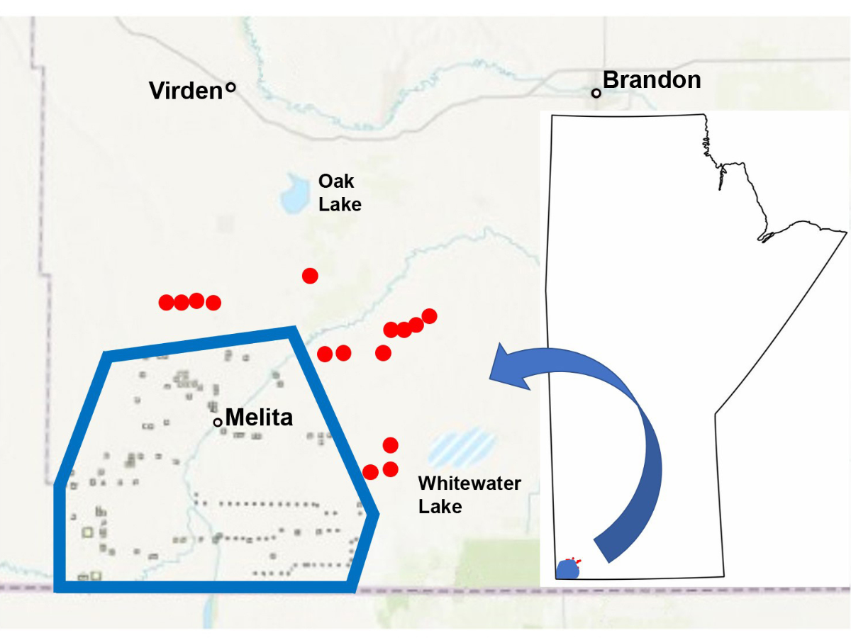 Map graphic showing the province of Manitoba and a zoomed in portion in the south-western corner near Melita.