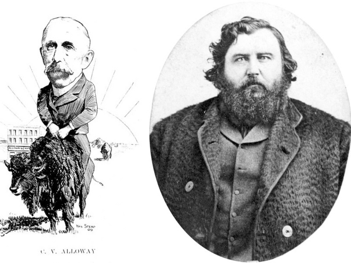On the left, a caricature of a man riding a small bison with a large rising sun in the background. Text below reads “C.V. Alloway”. On the right, a oval photograph of a large bearded man in a fur coat and vest.