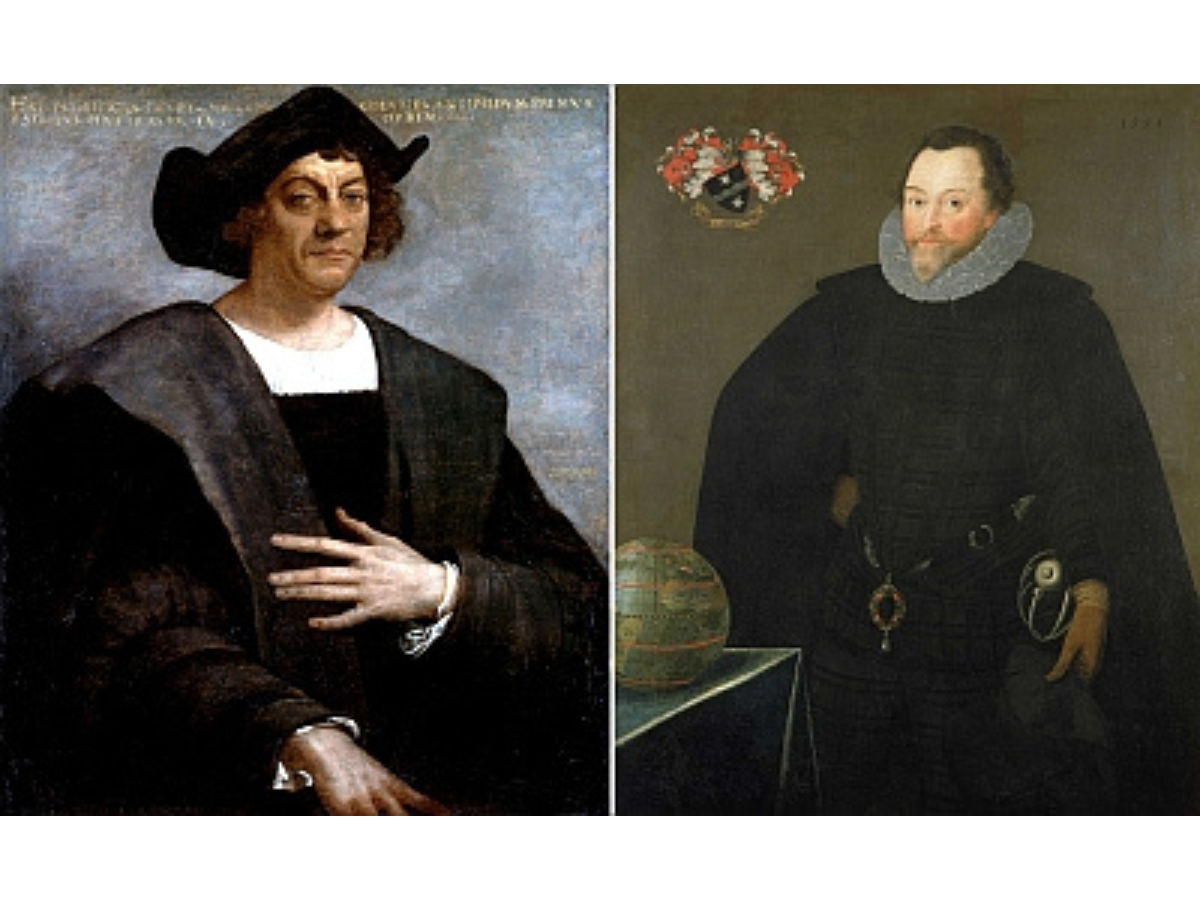 Left, a painting of Christopher Columbus, seated, wearing dark robes and hat. Right, a painting of Sir. Francis Drake, standing near a table with a globe on it with one hand on his hip. Wearing dark robes and an frilled ruff.