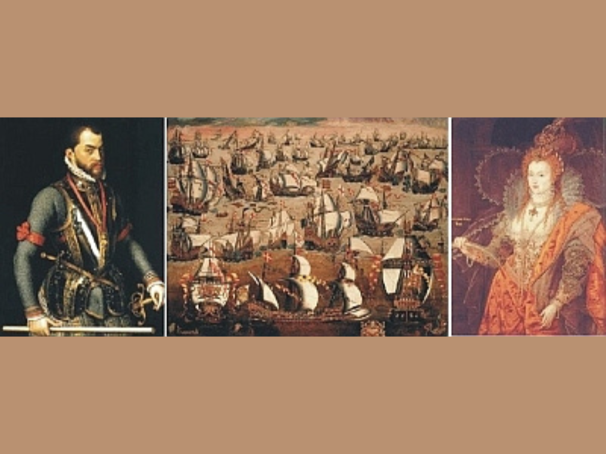 Three paintings, side-by-side. Left, a formal painting of King Philip II of Spain. Centre, a painting of the panish Armada at sea. Right, a formal painting of Queen Elizabeth I.