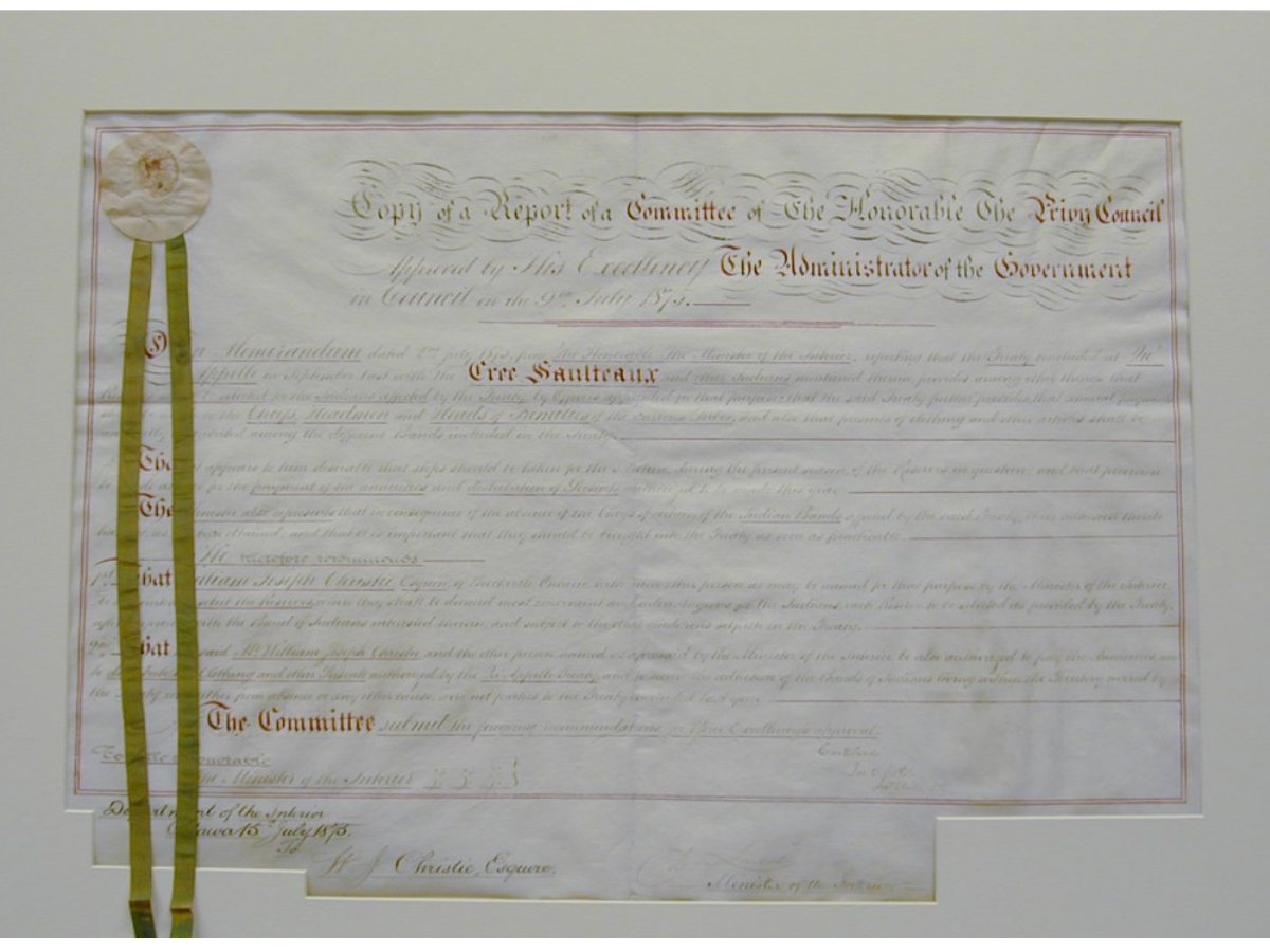 Photograph of the parchment document related to the signing of Treaty No. 4, the “Qu’Appelle-Treaty”.