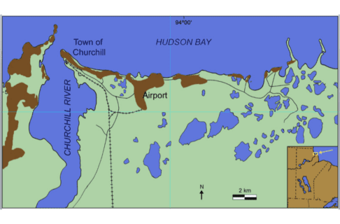Map graphic showing the Churchill coastline along the Hudson’s Bay with brown markings along the shoreline where ridges of Churchill quartzite formed islands in the Ordovician tropical sea.