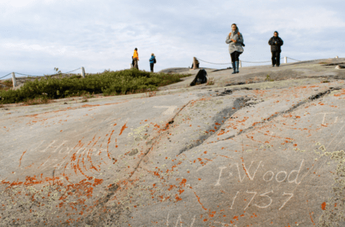 Photograph focusing on a rocky surface with orange lichen growing near graffiti scratched onto the rock reading, “I•Wood / 1757” and “J. Horner / 1746”. Several people stand out of focus at the top of the frame.