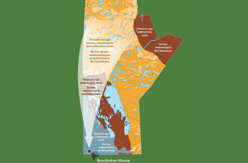 Map graphic of Manitoba showing where in the province stones dating from certain ages came from to arrive at Bockington House in the south-western corner of the province.
