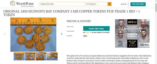 Screen shot from an online site selling a number of brass tokens.